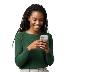 Young woman smiling while texting on her smartphone isolated on transparent background