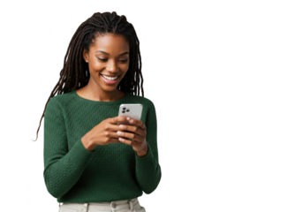 Young woman smiling while texting on her smartphone isolated on transparent background