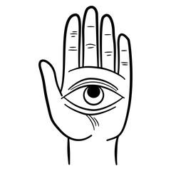 A black and white illustration of a hand with an all-seeing eye in the palm, a symbol of protection and guidance. The detailed linework emphasizes the open hand and the intricate design of the eye.