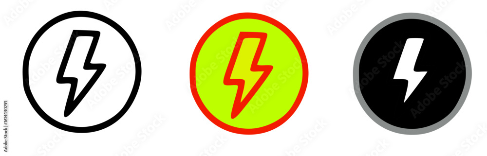 Poster three circular icons featuring a lightning bolt symbol in varying colors and styles.