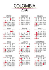 Colombia 2026 vertical calendar design with all national holidays marked, useful resource for institutional materials, agendas, and commercial publications