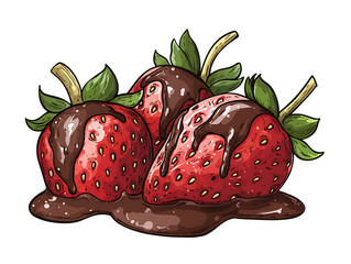 Three ripe strawberries covered in rich dark chocolate isolated on transparent background