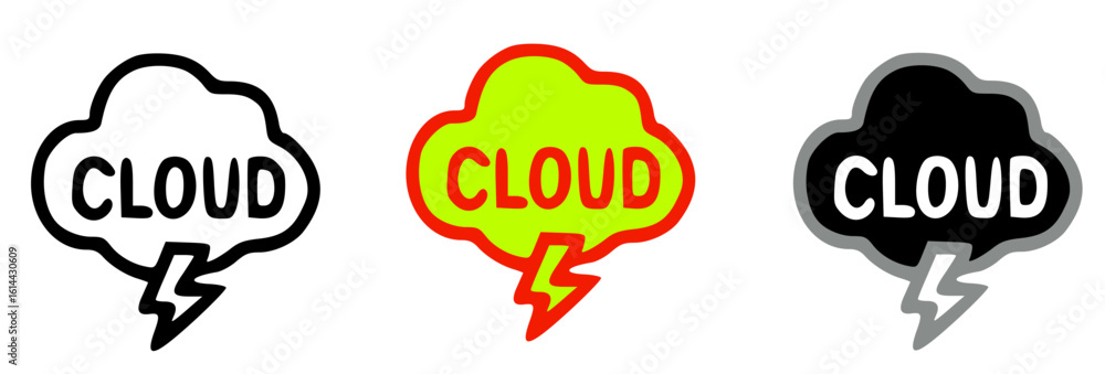 Aufkleber three cloud icons with lightning bolts, each in a different color scheme.
