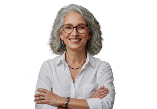 Smiling woman with gray hair and glasses isolated on transparent background