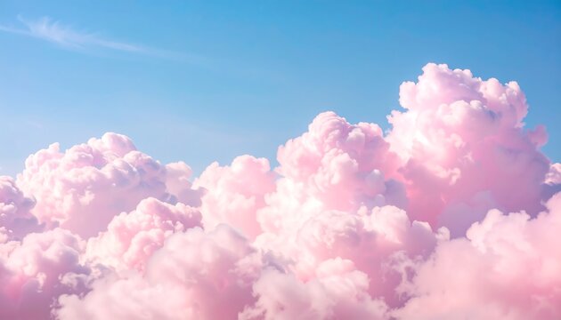 Dreamy pink fluffy clouds on a clear azure sky, soft pastel fantasy scene background