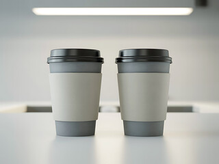Two identical disposable coffee cups with black lids and white sleeves side by side
