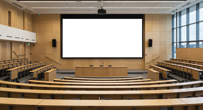 Modern Lecture Hall Empty with Large Blank Screen