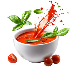 Fresh tomato soup splash with basil and cherry tomatoes isolated on transparent background