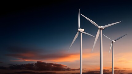 Obraz premium Three large white wind turbines stand tall against a dramatic gradient sky with warm orange and dark blue hues at dusk