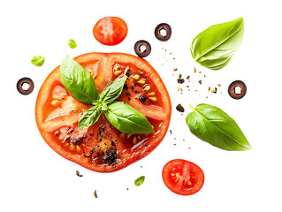 Fresh tomato slice with basil leaves and olives isolated on transparent background