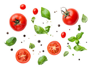 Fresh ripe tomatoes and basil leaves scattered isolated on transparent background