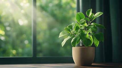 Vibrant green plant in a beige pot on a wooden table by a window with bright sunlight