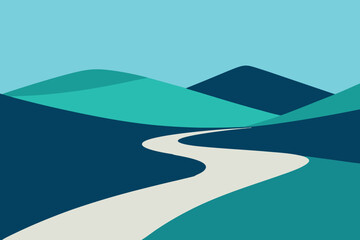 Winding road through stylized blue and green hills under a clear sky