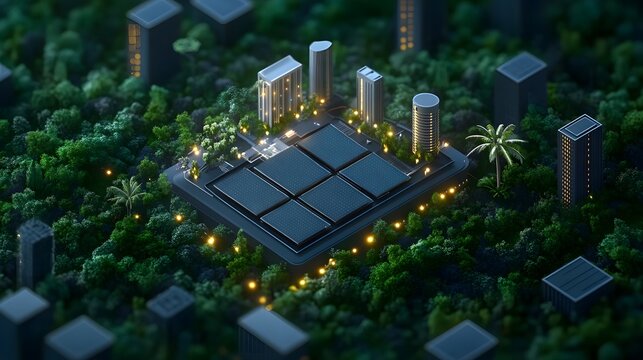 Futuristic cityscape featuring illuminated modern buildings and solar panels within a lush green forest setting