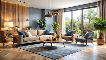 Fototapeta premium Modern Living Room Interior Design with Natural Light and Wooden Accents