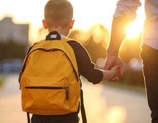 A child and adult hold hands, walking toward a sunset. The child wears a yellow backpack