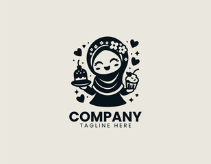 Joyful Muslim girl in hijab excitedly offering a slice of cake and a cupcake. Sweet celebration concept