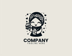Fototapeta premium Joyful Muslim girl in hijab excitedly offering a slice of cake and a cupcake. Sweet celebration concept