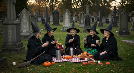 Five Elderly Witches Enjoying a Halloween Picnic Together in a Spooky Graveyard Gathering