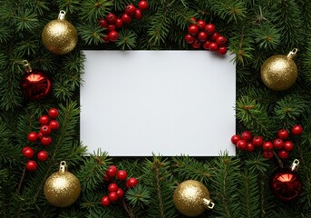 A festive Christmas arrangement with fir branches, red berries, and baubles, perfect for the holiday season.