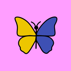 A simple minimalist butterfly illustration with bright yellow wings on the left and light blue wings on the right, outlined with bold black lines, set against a clean and elegant plain white backgroun