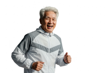 Happy elderly asian man running isolated on transparent background