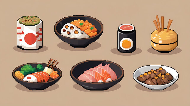 Vibrant pixel art collection of delicious Japanese food dishes for modern culinary designs