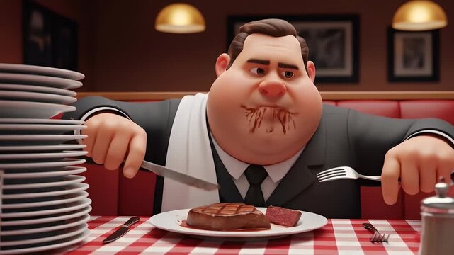 Fat 3D Cartoon Man Cutting Steak at Table in Restaurant With a Pile of Plates Beside Him