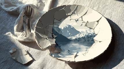Broken porcelain plate reveals mountain lake