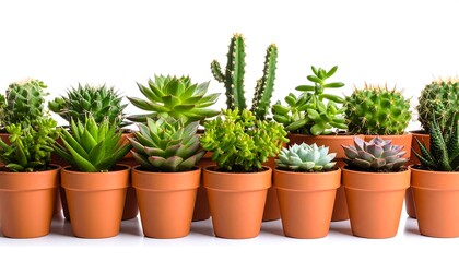 Obraz premium A row of small succulents in terracotta pots against a white background (1)
