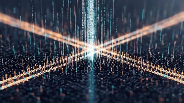 Abstract digital binary code background with glowing lines, technology concept. Data stream with binary numbers, futuristic technology and connection, data processing visualization.