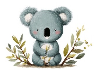 Cute Koala Cartoon: A charming, whimsical cartoon depicts a cuddly koala bear, seated amongst leafy branches, exuding a sense of innocence and adorableness.