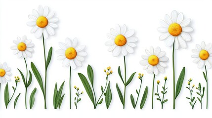 Charming Floral Border with White Daisies and Yellow Centers on a Clean White Background for Design Projects