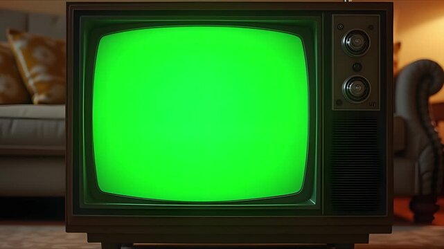 Old-school styled green screen TV displaying mock-up croma key soft glitch effects, surrounded by vintage furniture as the camera pans out.