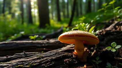 "Close-Up of a Shiitake Mushroom Nestled by Wood in a Serene Forest"