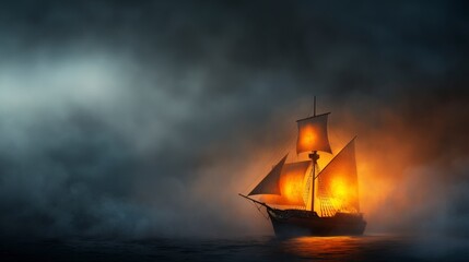 Fototapeta premium Mysterious Sailing Ship in Fog with Glowing Lanterns and Dramatic Lighting Effects at Dusk