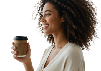 Smiling woman holding a coffee cup isolated on transparent background
