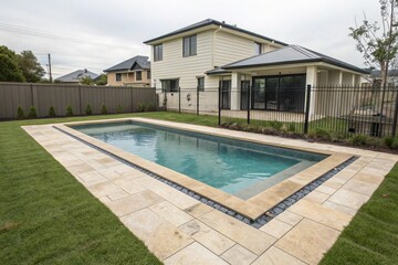 Rectangular modern swimming pool in a fenced backyard of a luxury new construction house. Clear blue water, tan concrete edges, outdoor summer lifestyle, peaceful and private.

