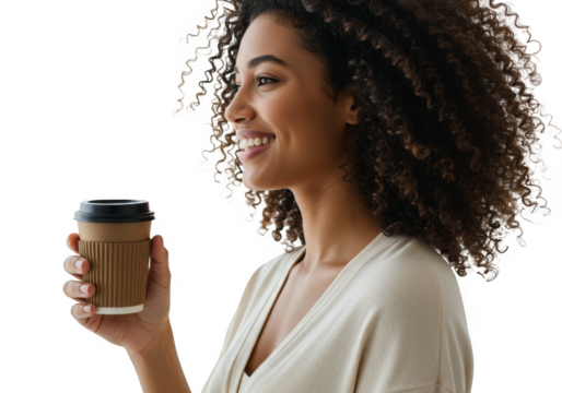 Smiling woman holding a coffee cup isolated on transparent background