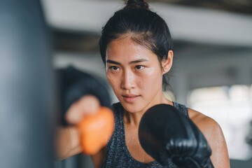 Female Boxer Preparing to Attack, Defensive Stance with Orange Gloves.