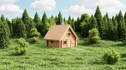 Obraz premium Cozy Wooden House Surrounded by Lush Green Forest and Bright Blue Sky in a Relaxing Natural Setting