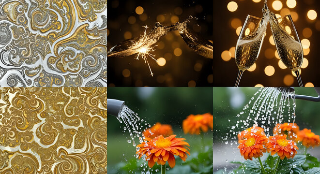 Celebrate life's moments with clinking champagne glasses and vibrant floral beauty, a cheerful mix of golden textures and refreshing garden scenes, perfect for joyful occasions and serene reflections