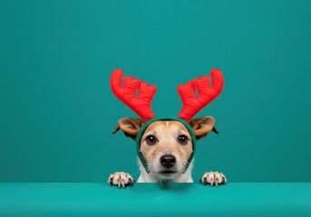 A joyful dog with reindeer antlers anticipates the holiday season with festive cheer and excitement.