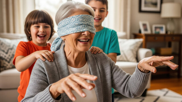 Grandmother blindfolded with two happy children playing in living room