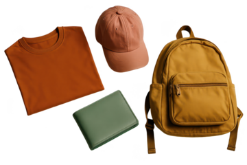 A  folded orange t-shirt, a light peach baseball cap, a mustard yellow backpack, and a teal green wallet laid out on a black surface.