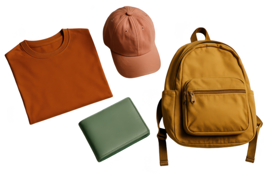 A  folded orange t-shirt, a light peach baseball cap, a mustard yellow backpack, and a teal green wallet laid out on a black surface.