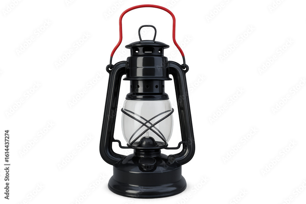 Poster black kerosene lamp with red handle illuminating on transparent background