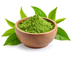 Green tea powder in wooden bowl with fresh leaves