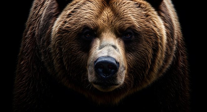 Intense close-up of a powerful grizzly bear's face, showcasing its wild nature and commanding presence against a dark background - Powered by Adobe