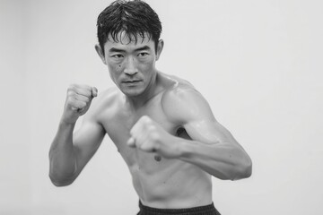 Fototapeta premium Male in Fighting Stance, Dynamic Demonstration of Boxing Movements.